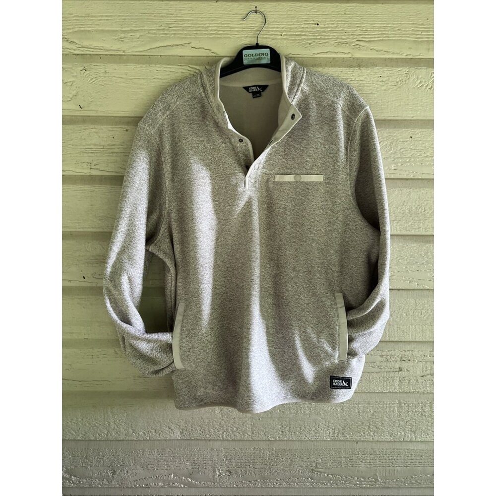 Eddie Bauer Men's 2XL Pullover Sweater Beige Warm Fleece Quarter Snap Pockets - Picture 4 of 16